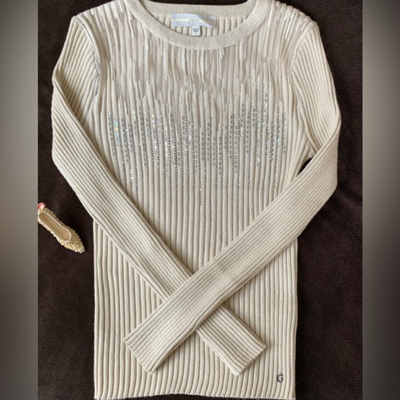GUESS ladies tan rhinestone rayon blend long sleeve sweater and size large VVGUC - Picture 3 of 12